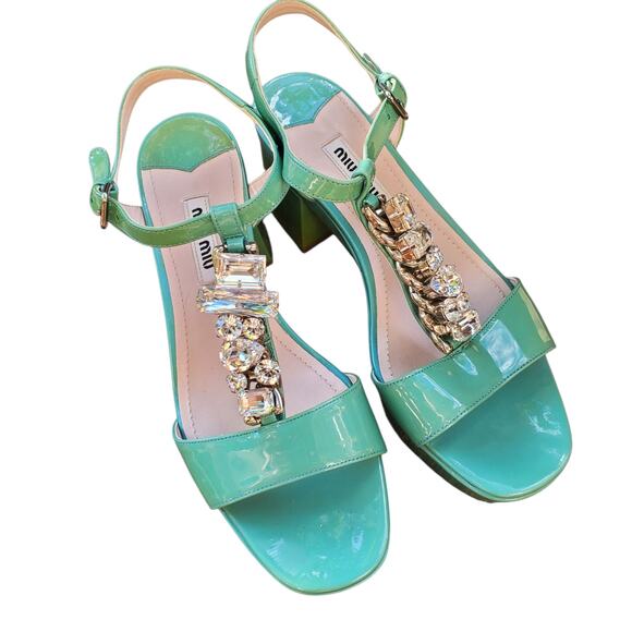 Miu Miu Green Patent Leather Crystal Platform Ankle Strap Sandals - Size 35 - Picture 3 of 9